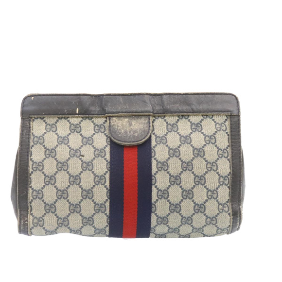 GUCCI Sherry Line GG Canvas Clutch Bag Navy Red Auth ai590 - Picture 3 of 16